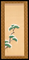 Ripustettava käärö, joka kuvaa lumipeitteistä mäntyä, kolmesta vuodenajasta koostuvasta triptyykistä, Japani, 1800-luvun alku