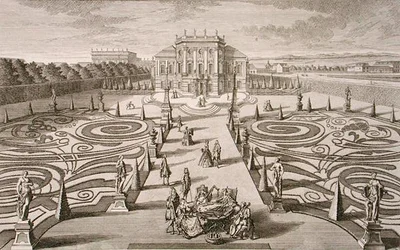 Itävaltalainen talo ja puutarha, kaivertaja Johann August Corvinus (1683-1738), julkaistu noin 1730-40 (kaiverrus).
