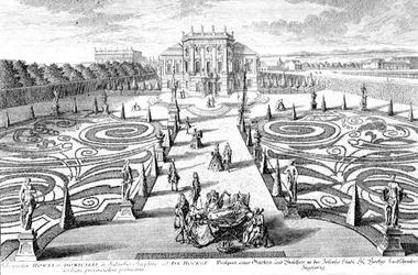 Näkymä puutarhaan ja taloon Josefstadtissa, Wienissä, kaiverrus Johann August Corvinus (1683-1738) (kaiverrus)