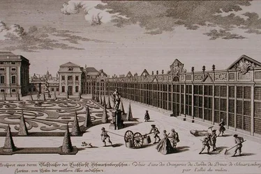 Näkymä yhdestä appelsiineista Schwarzenbergin prinssin puutarhassa Wienissä, kaiverrus Georg-Daniel Heumann (1691-1759), julkaistu noin 1724-37 (kaiverrus) (katso myös 170855)