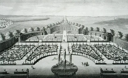 Näkymä Geibachin appelsiinitalosta, kaiverrus Johann Georg Pintz (1697-1767/8)