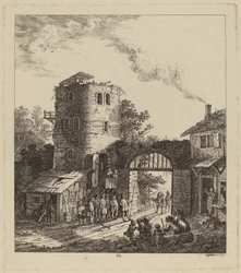 Kyläläiset kaupungin portilla tervehtimässä arvohenkilöä, 1764.