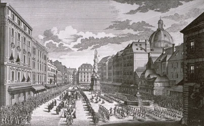 Näkymä kulkueesta Grabenissa Georg-Daniel Heumannin (1691-1759) kaiverruksesta