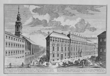 Näkymä Dorotheergassesta, jossa näkyy Stallburg ja Dorotheumin luostarikirkko, jonka on kaivertanut Hieronymous Sperling (1695-1777)