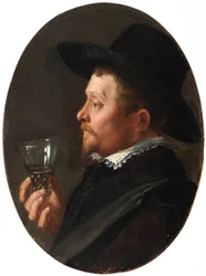 ""Miehen muotokuva pitelemässä Roemer-lasia"" (Man Holding A Roemer) Salomon de Brayn maalaus (1597-1664) Oil On Copper