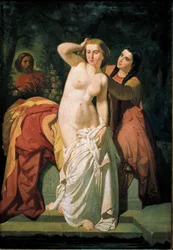 ""David ja Batseba"" Daavid katsomassa Batseban kylpemistä. Salustiano Asenjo Arozarenan (1834-1897) maalaus 1800-luku Koko 131 x 89 cm Navarra Museum Pamplona Espanja