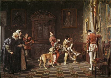 "" Turnauksen paluu "" Nuori ritari loukkaantuu tuodaan takaisin palatsiin kahden sivun tukemana. Salvador Martinez Cubellsin (1845-1914) maalaus 1881 Valencia. Bellas Artes San Pion museo
