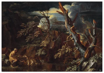 Kallioinen metsäinen maisema, jossa Jaakob juottaa Laabanin laumaa, noin 1615-73 (öljy kankaalle).