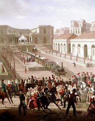Napolin ja Porticin välisen rautatielinjan vihkiäiset vuonna 1839 kuningas Ferdinand II:n läsnä ollessa. Yksityiskohta. Taiteilijan elinvuodet: 1799-1877. Museo Nazionale di San Martino, Napoli.