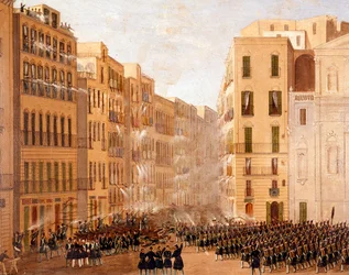 Bourbonien armeija ryhtyi vastatoimiin Napolin kapinoita vastaan toukokuussa 1848. Yksityiskohta. Taiteilijan elinvuodet: 1799-1877. Napoli, Museo Nazionale di San Martino.
