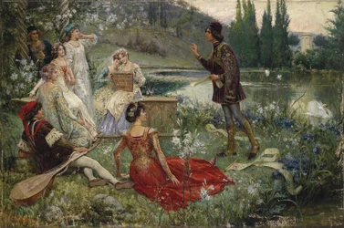 The Decameron par Salvatore Postiglione (1861-1906). Öljy kankaalle, koko: 100x151