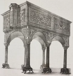 Muinainen ambo Sessa Auruncan katedraalissa, Campaniassa, Italiassa, Salvatore Puglian litografia Pasquale Mattein (1813-1879) piirustuksen jälkeen Poliorama Pittorescosta, n:o 43, 31. toukokuuta