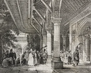 Hall de entrada de Serraglio, Turquia, do harém de histórias no leste, litografia de Poliorama Pittoresco, n 12, 28 de outubro finlandês