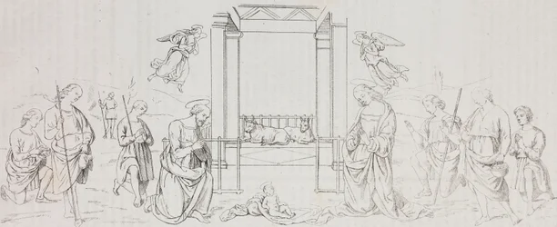 Fontignano Syntymä, Paimenten palvonta, Salvatore Puglian litografia Pietro Peruginon (noin 1450-1523) maalauksen jälkeen Poliorama Pittorescosta, n:o 42, 24. toukokuuta
