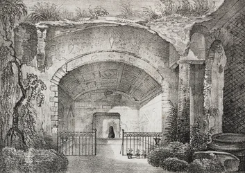 Sali Caposelen prinssin muinaisessa huvilassa Formiassa, Laziossa, Italiassa, Salvatore Puglian litografia Poliorama Pittorescosta, n:o 23, 11. tammikuuta