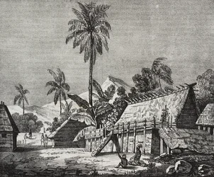 Noukahivan saaren kuningattaren talo (nykyään Nuku Hiva), Marquesassaaret, Ranskan Polynesia, Salvatore Puglian litografia Poliorama Pittorescosta, n:o 37, huhtikuu