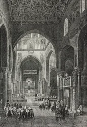 Palatine-kappelin sisustus Palazzo dei Normannissa tai kuninkaallinen palatsi Palermossa, Sisiliassa, Italiassa, Salvatore Puglian litografia Poliorama Pittorescosta, n:o 41, 21. toukokuuta