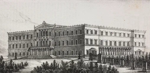 Kuninkaallinen palatsi Ateenassa, Kreikassa, Salvatore Puglian litografia Poliorama Pittorescosta, n:o 5, 9. syyskuuta