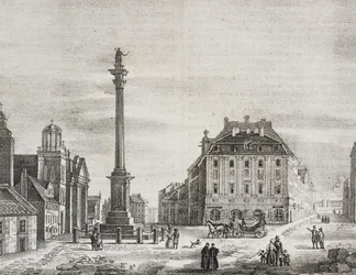 Sigismondin pylväs, kuningas Sigismund III Vaasan (1566-1632) muistoksi, Varsova, Puola, Salvatore Puglian litografia Poliorama Pittorescosta, n:o 46, 21. kesäkuuta