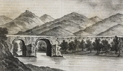 Rikkoutunut silta lähellä Capuaa, Campania, Italia, Salvatore Puglian litografia Poliorama Pittorescosta, n:o 23, 13. tammikuuta