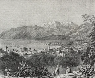 Näkymä Beirutista ja Mount Lebanon -vuoresta, Libanon, Salvatore Puglian litografia Poliorama Pittorescosta, n:o 8, 1. lokakuuta