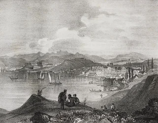 Näkymä Korfulle Mount Olivetolta, Jooniansaaret, Kreikka, Salvatore Puglian litografia Poliorama Pittorescosta, n:o 25, 25. tammikuuta