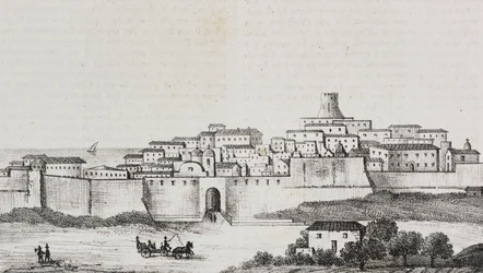 Näkymä Crotonesta, Calabria, Italia, Salvatore Puglian litografia Poliorama Pittorescosta, n:o 12, 26. lokakuuta