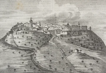 Näkymä Montefuscolosta, tänään Montefusco, Campania, Italia, Salvatore Puglian litografia Poliorama Pittorescosta, n:o 41, 20. toukokuuta