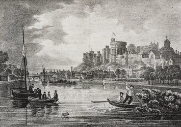 Näkymä Windsorin linnasta, Englanti, Iso-Britannia, Salvatore Puglian litografia Poliorama Pittorescosta, n:o 32, 15. maaliskuuta