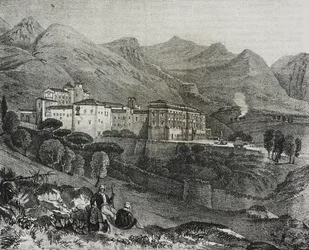 Näkymä San Martino delle Scalen luostarista lähellä Palermoa, Sisilia, Italia, Salvatore Puglian litografia Poliorama Pittorescosta, n:o 47, 2. heinäkuuta