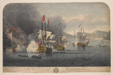 Porto Bellon valtaaminen Adml: Vernon Novr: 22d. 1739 (viivakaiverrus, värillinen).
