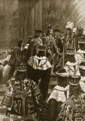 Yrjö I:n valtaistuimelle asettaminen kruunajaisissa 20. lokakuuta 1714, julkaisusta ”The Illustrated London News”, 1902