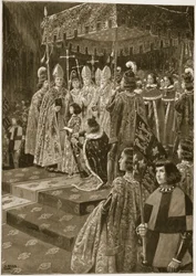 Kannusten ja miekan luovuttaminen Henrik VI:n kruunajaisissa pyhän Leonardin päivänä 6. marraskuuta 1429, julkaisusta "The Illustrated London News", 1902