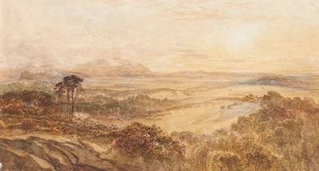 Auringonlasku katselee Edinburghia luoteesta (akvarelli)