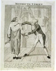 Monmouth Street, karikatyyri vanhojen vaatteiden myyjästä, kaivertaja J. Cooke, 1789.