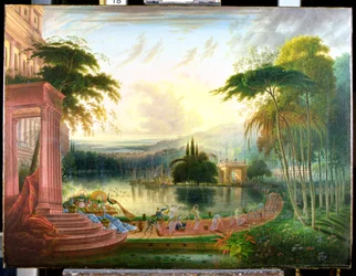 Romanttinen maisema Saban kuningattaren saapuessa, n. 1830 (öljy kankaalle)