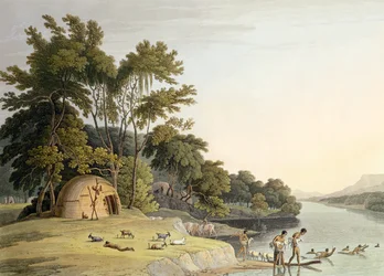 Korah Hottentot -kylä Orange-joen vasemmalla rannalla, levy 1 Afrikan maisemista ja eläimistä, taiteilijan kaivertama, 1804 (akvatinta)