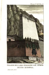 Tessaling Laman asunto Kugopea-nimisen uskonnollisen rakennuksen kanssa. Luutnantti Samuel Davisin kuvitus Kapteeni Samuel Turnerilta (1759-1802) Kertomus suurlähetystöstä Teshoo Laman hovissa Tiibetissä 1800. Dell