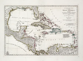 Länsi-Intian täydellinen kartta, joka sisältää Floridan, Louisianan, Uuden Espanjan ja Terra Firman rannikot kaikkine saarineen.
