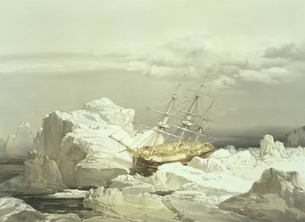 H.M.S.:n kriittinen asema Tutkija Baring Islandin pohjoisrannikolla, 20. elokuuta 1851, kaivertanut William Simpson, julkaissut Ackermann und Co., 1854
