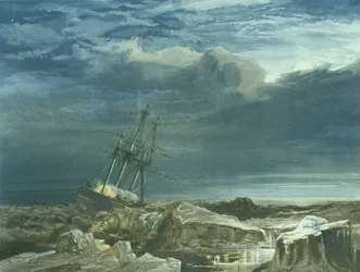 H.M.S. Investigator ahtojäässä, 8. lokakuuta 1850, kaivertanut E. Walker, julkaistu 1854