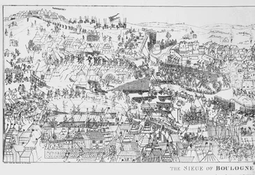 Kuningas Henrik VIII:n (1491-1547) toimeenpanema Boulognen piiritys vuonna 1544, kaivertanut James Basire, 1788