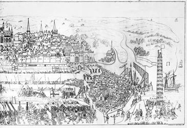 Kuningas Henrik VIII:n (1491-1547) toteuttama Boulognen piiritys vuonna 1544, kaivertanut James Basire, 1788