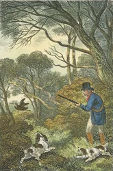Metsäkukon metsästys, 1819 (käsin väritetty kaiverrus).