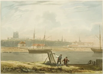 Näkymä kelluvan sataman yli, n. 1825 (kynä ja akvarelli paperille)