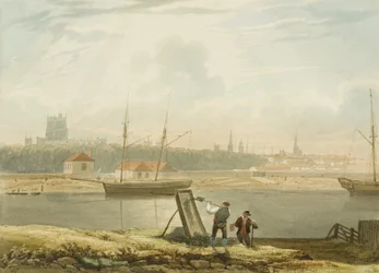 Näkymä kelluvaan satamaan katedraalin ja kaupunginkirkoineen, n. 1825