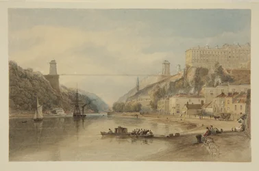 Näkymä Avonille Hotwellsissa: The Proposed Suspension Bridge, n. 1836 (kynä ja akvarelli paperilla)