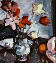 Asetelma tulppaanien kanssa. Samuel John Peploen (1871-1935) maalaus Yksityiskokoelma.