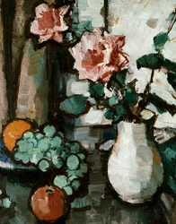Ruusujen ja hedelmien asetelma. Ruusujen ja hedelmien asetelma. Maalaus Samuel John Peploe (1871-1935 Iso-Britannia) Yksityiskokoelma.