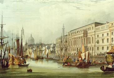 Custom House, E16, kaiverrus R. G. Reeve, 1828 (akvatinta)